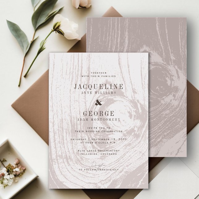 Invitación Clásico Moderno Rústico Grano de Madera Chic Boda  (Classic Modern Rustic Tan/Taupe Woodgrain Chic Fall Wedding Invitation @ fatfatin_blue_knot)