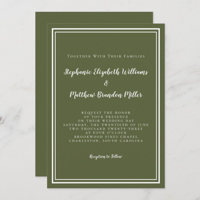 Invitación Clásico Moderno Simple Olive Green Elegant Wedding (Anverso / Reverso)