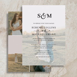 Invitación Clásico Monograma 5 Foto Corazón Escritura Boda