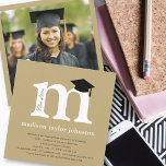 Invitación Clásico Monograma Alphabet M Foto Partido de Gradu<br><div class="desc">Este clásico y sencillo diseño de tarjetas de invitación para fiestas de graduación en oro y blanco incluye una audaz letra de monograma 'm' del graduado con un acento con una tabla de mortero/gorra de graduación. La letra monograma y el color de fondo pueden cambiarse fácilmente a cualquier letra y...</div>
