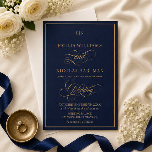 Invitación Clásico Monograma Cobalto Azul y Oro Boda