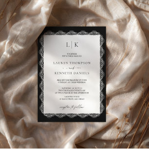 Invitación Clásico Monograma de Boda con Marco de Encaje Blan
