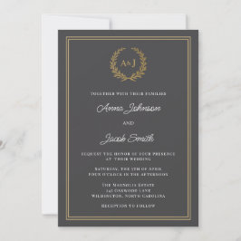 Invitación Clásico Monograma de Corona de Laurel Gris Foto El
