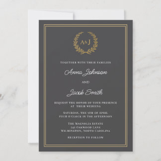 Invitación Clásico Monograma de Corona de Laurel Gris Foto El