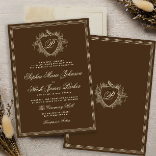 Invitación Clásico monograma de cresta marrón boda