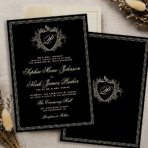Invitación Clásico monograma de cresta negro marfil boda