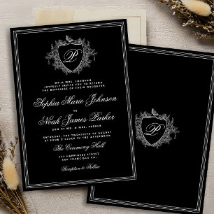 Invitación Clásico monograma de cresta negro y blanco boda