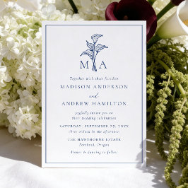 Invitación Clásico Monograma de Lirio de Calla en Azul Marino