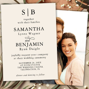 Invitación Clásico Monograma de Marfil Foto Boda