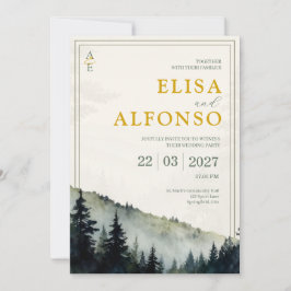 Invitación Clásico Monograma de Pino Verde en Acuarela para B