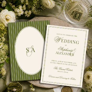 Invitación Clásico Monograma Dinero Antiguo Oliva Verde Boda