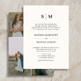 Invitación Clásico Monograma Formal 4 Fotos Boda Marfil 