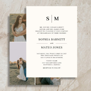 Invitación Clásico Monograma Formal 4 Fotos Boda Marfil 