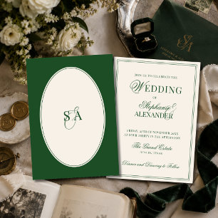 Invitación Clásico Monograma Verde Esmeralda Boda Old Money