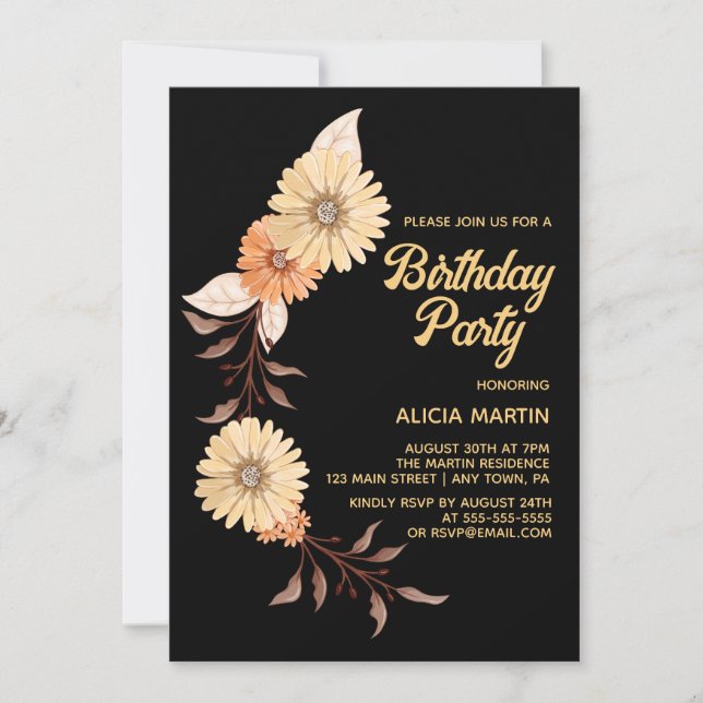 Invitación Clásico Naranja Flor Botánica Oro Negro Cumpleaños (Anverso)