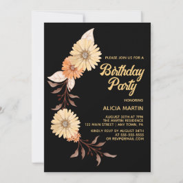 Invitación Clásico Naranja Flor Botánica Oro Negro Cumpleaños