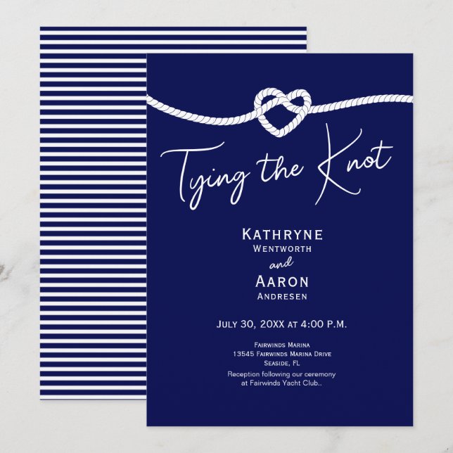 Invitación Clásico Navy Blanco Rayas Atando el Nudo Boda  (Anverso / Reverso)
