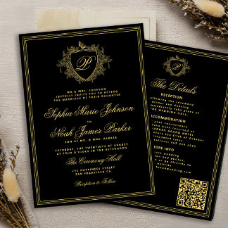 Invitación Clásico negro dorado QR monograma formal boda