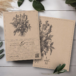 Invitación Clásico Negro Floral Vintage Rústico Kraft Boda