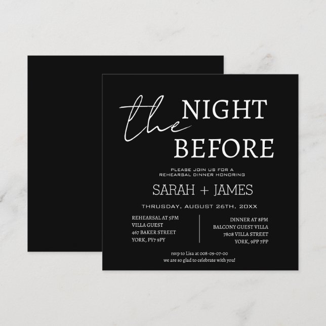 Invitación Clásico negro la noche antes de la cena del ensayo (Anverso / Reverso)