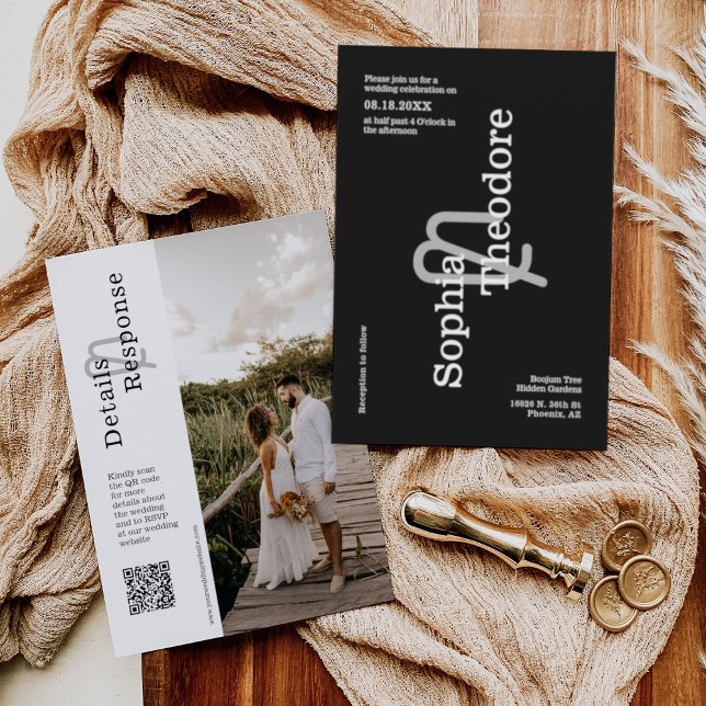 Invitación Clásico negro moderno Boda mínimo QR Foto de códig (Subido por el creador)