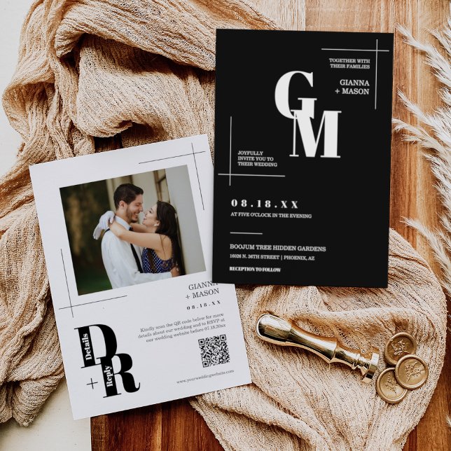 Invitación Clásico negro moderno Boda mínimo QR Foto de códig (Subido por el creador)