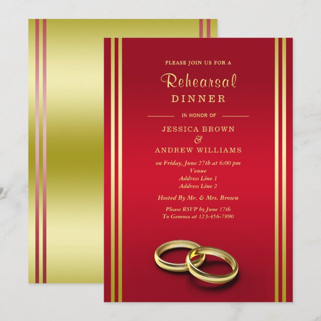 Invitación Clásico Oro y Rojo, Boda Anillos Ensayo Cena (Anverso / Reverso)