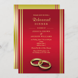 Invitación Clásico Oro y Rojo, Boda Anillos Ensayo Cena