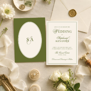 Invitación Clásico Óvalo Retro Verde Oliva Boda de Dinero Ant