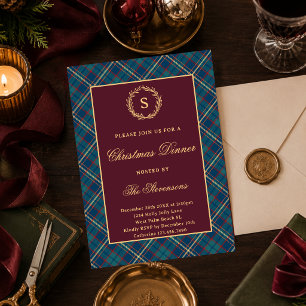 Invitación Clásico Plaid de Monograma Fiesta de Navidad en Bu