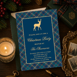Invitación Clásico Plaid Reno Azul Marino Fiesta de Navidad