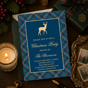 Invitación Clásico Plaid Reno Azul Marino Fiesta de Navidad
