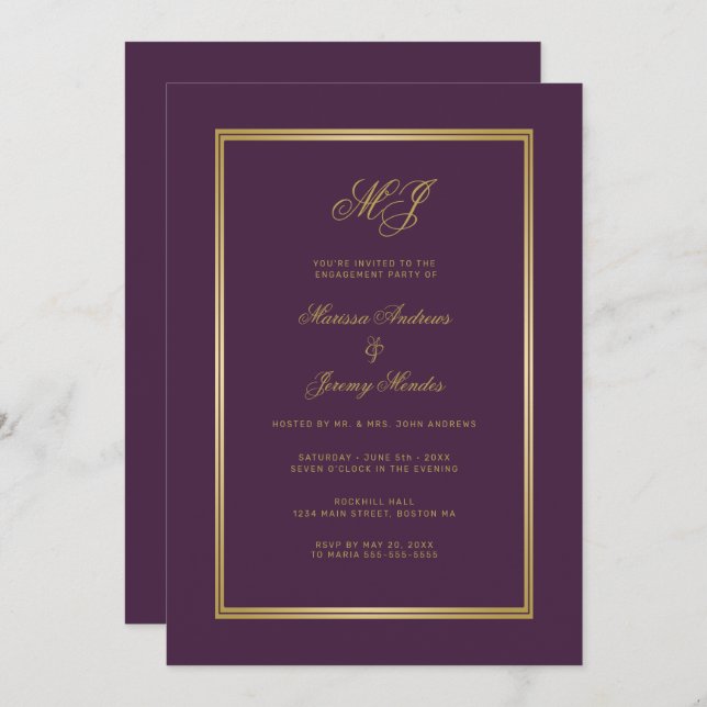 Invitación Clásico Plum Purple Gold Monograma Party (Anverso / Reverso)