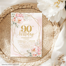 Invitación Clásico Polvo Oro Rosa Peonies 90 cumpleaños