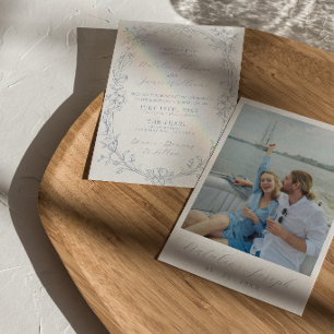 Invitación Clásico Polvoriento Azul Blanco Boho Floral Foto B