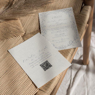 Invitación Clásico Polvoriento Azul Boho Floral Código QR Bod
