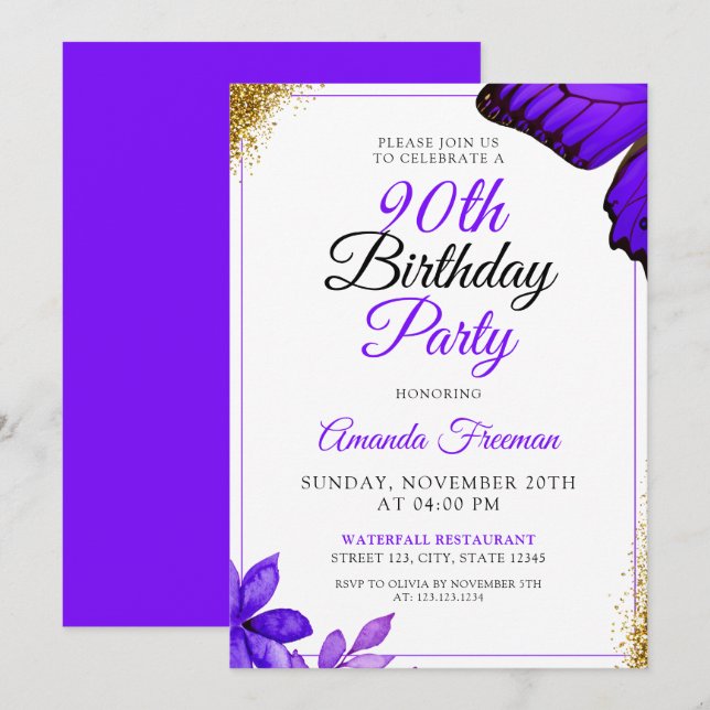 Invitación Clásico Purple Flowers 90º cumpleaños (Anverso / Reverso)
