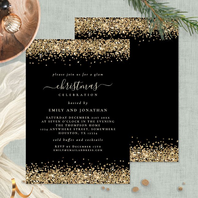 Invitación Clásico Purpurina de oro Fiesta de Navidades negro (Front and back view)