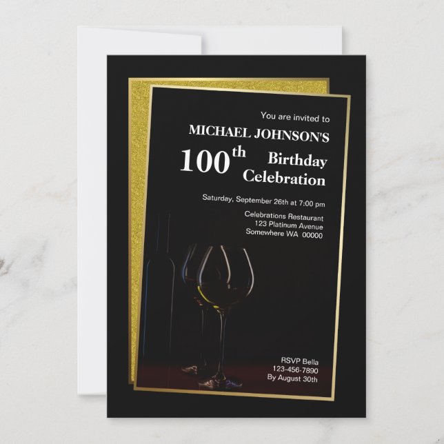 Invitación Clásico Purpurina de Oro Negro 100 cumpleaños (Anverso)
