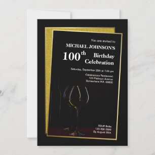 Invitación Clásico Purpurina de Oro Negro 100 cumpleaños