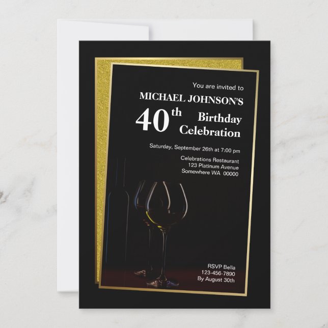 Invitación Clásico Purpurina de Oro Negro 40 cumpleaños (Anverso)