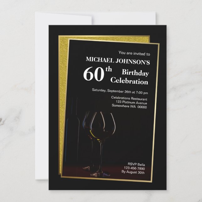 Invitación Clásico Purpurina de Oro Negro 60 cumpleaños (Anverso)
