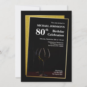 Invitación Clásico Purpurina de Oro Negro 80 cumpleaños