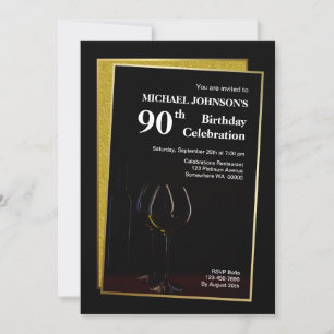 Invitación Clásico Purpurina de Oro Negro 90º cumpleaños