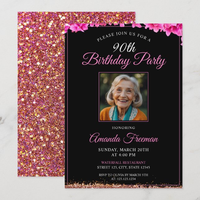 Invitación Clásico Purpurina Floral 90º cumpleaños (Anverso / Reverso)