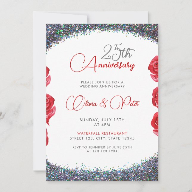Invitación Clásico Purpurina Plata 25° Aniversario del Boda (Anverso)