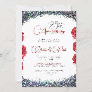 Invitación Clásico Purpurina Plata 25° Aniversario del Boda
