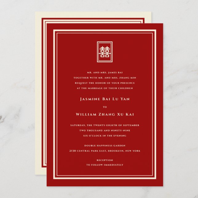 Invitación Clásico Rectángulo doble felicidad Boda chino (Anverso / Reverso)