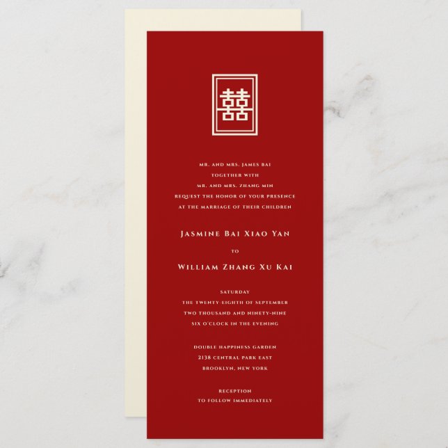 Invitación Clásico Rectángulo doble felicidad Boda chino (Anverso / Reverso)