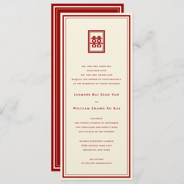 Invitación Clásico Rectángulo doble felicidad Boda chino (Anverso / Reverso)